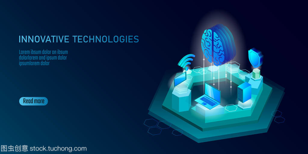 等距人工智能業(yè)務(wù)概念。藍(lán)色發(fā)光等距個(gè)人信息數(shù)據(jù)連接 pc 智能手機(jī)人腦未來技術(shù)。3d 圖表矢量圖