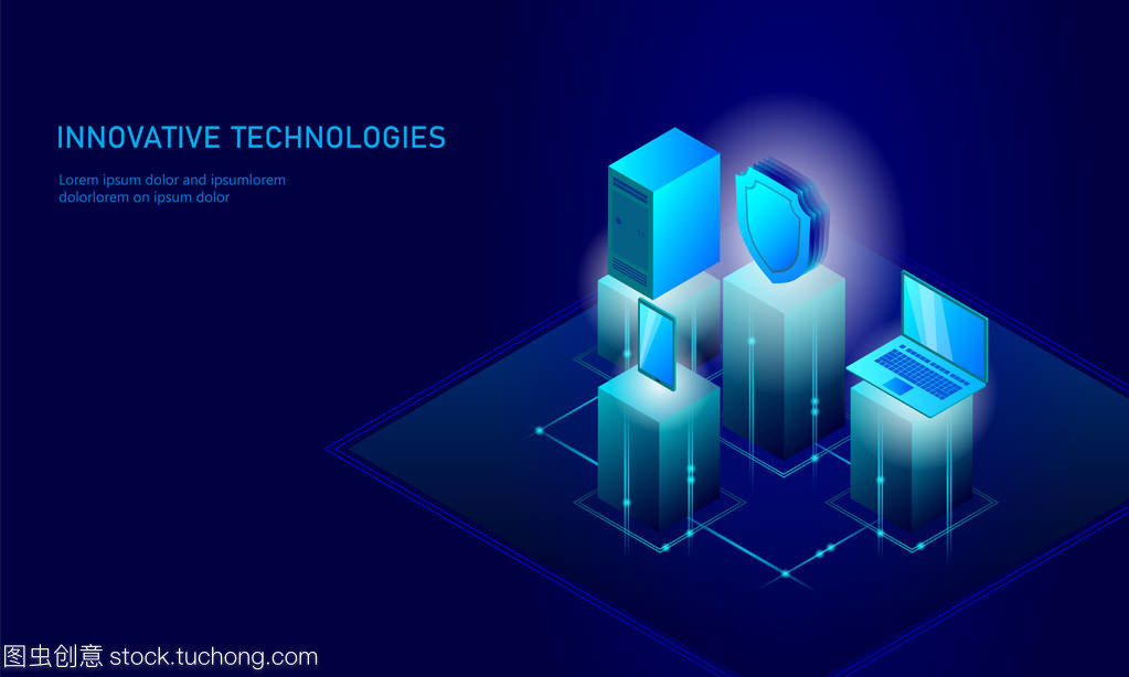 等距互聯網安全盾的經營理念。藍色發光等距個人信息數據連接 pc 智能手機未來技術。3d 圖表矢量圖